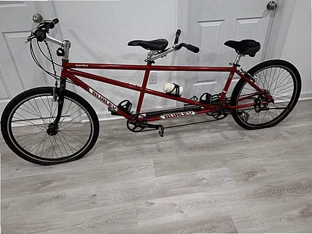 BURLEY SAMBA TANDEM BIKE MEDIUM SIZE. BEEN IN FAMILY LONG TIME. NOW TIME GOOD H